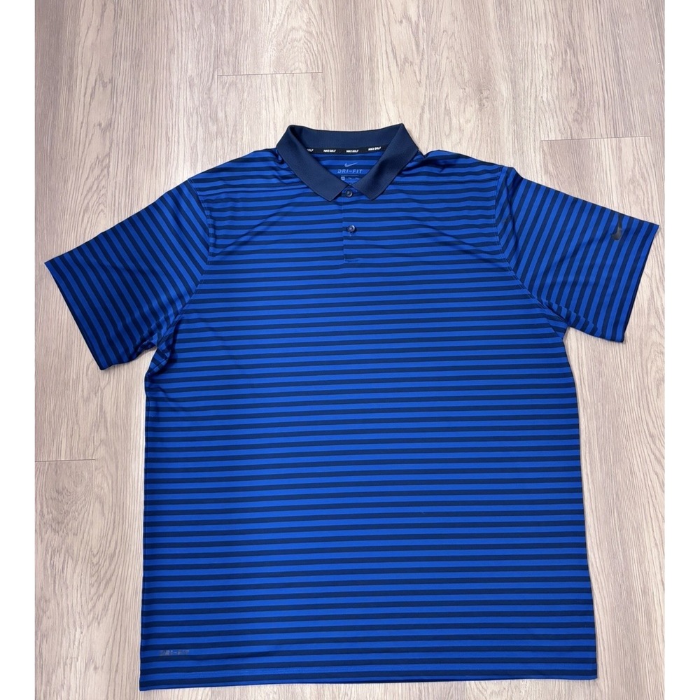 Nike Polo Shirt Men 2XL Navy Blue Striped Swoosh Dri Fit Golf ShortSleeve casual